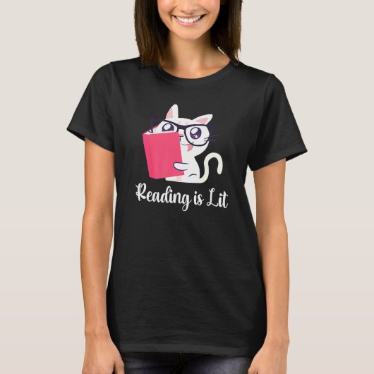 猫と本でリーディング・イズ・リット Tシャツ (正面)