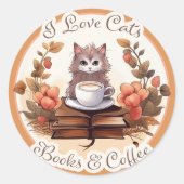 猫と本とコーヒーが大好き ラウンドシール (正面)