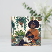 猫と本と植物に囲まれてくつろぐ女性 カード (スタンド正面)