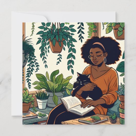 猫と本と植物に囲まれてくつろぐ女性 カード (正面)