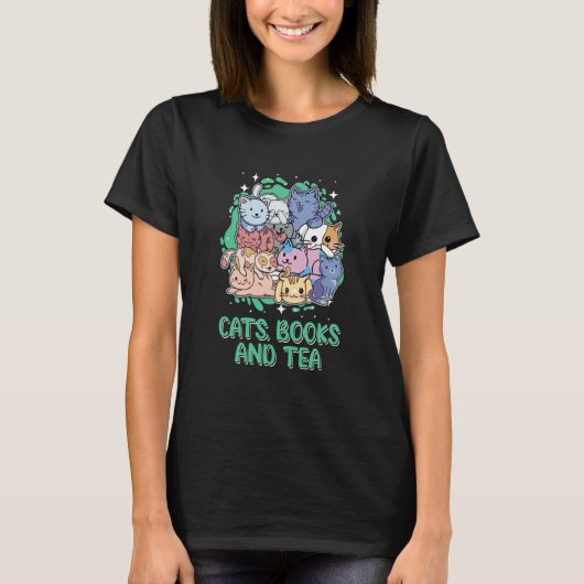 猫と本と紅茶 猫ママ 猫パパ 本の虫 Tシャツ (正面)