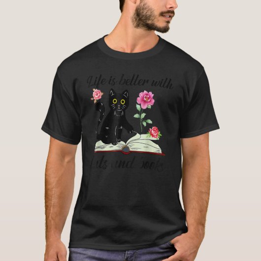 猫と本と花の本 Tシャツ (正面)