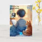 猫と本に囲まれてお誕生日おめでとう カード (黄色い花)