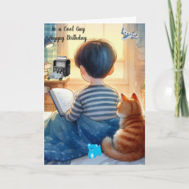 猫と本に囲まれてお誕生日おめでとう カード
