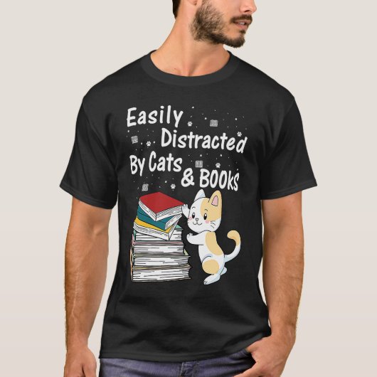 猫と本に気を取られやすい 猫か本か Tシャツ (正面)