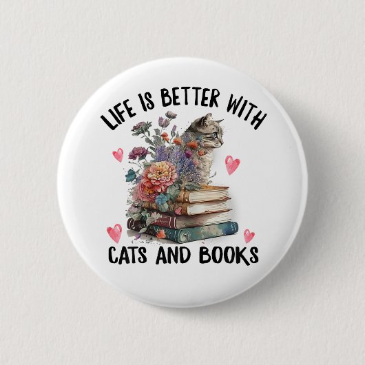 猫と本のある生活は最高にかわいい 猫好きのための面白いグッズ 缶バッジ (正面)