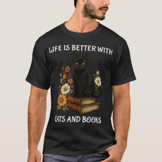 猫と本のある生活は最高 猫好きさんへ Tシャツ