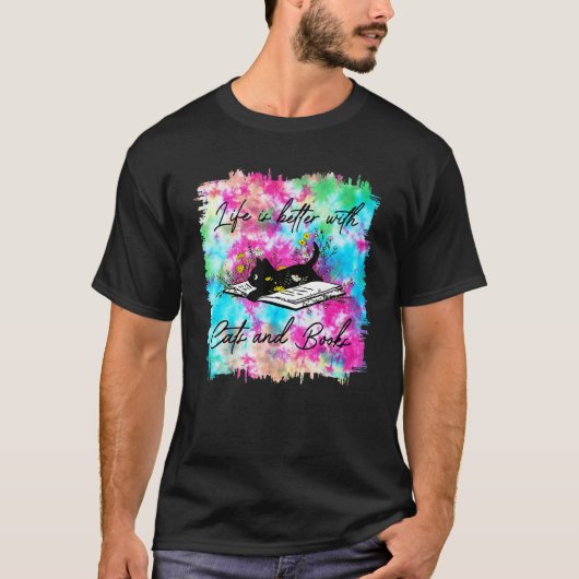 猫と本のタイダイ染め Tシャツ (正面)