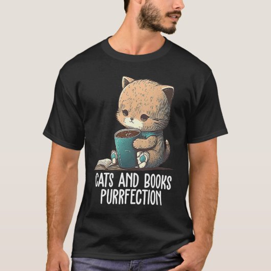猫と本の至福 本の虫 読書家 Tシャツ (正面)