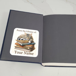 猫と本の蔵書票 スクエアシール