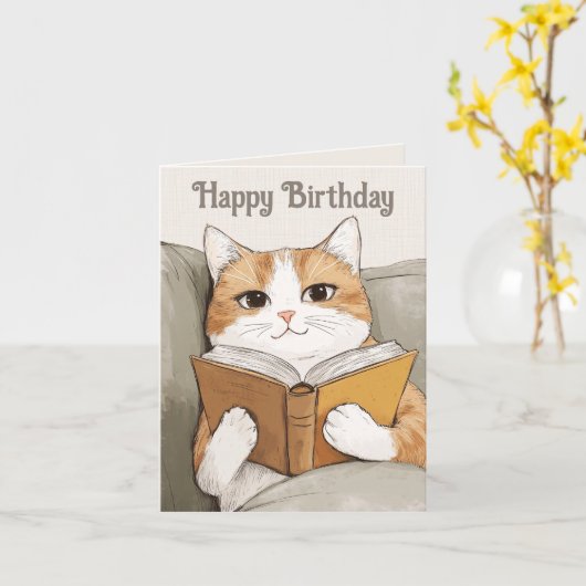 猫と本の誕生日 カード (黄色い花)