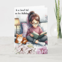 猫と本を読む女の子の誕生日 カード