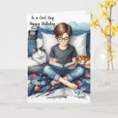 猫と本を読む男の子の誕生日 カード (黄色い花)
