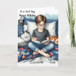 猫と本を読む男の子の誕生日 カード