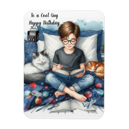 猫と本を読む男の子の誕生日 マグネット