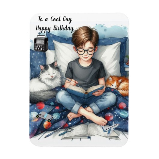 猫と本を読む男の子の誕生日 マグネット (縦)