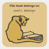 猫と本、カスタマイズ可能なヴィンテージ蔵書票 スクエアシール (正面)