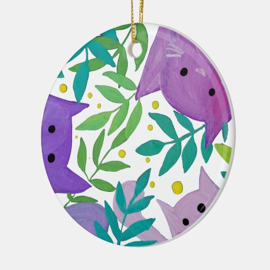 猫と枝 – 紫と緑 セラミックオーナメント (左)