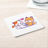 猫と柴犬 スクエアペーパーコースター (アングル)