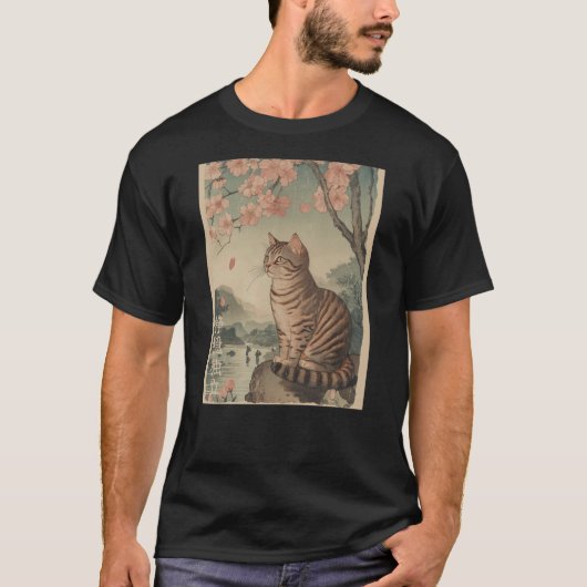 猫と桜の木の日本浮世絵アート Tシャツ (正面)