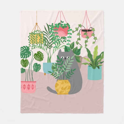 猫と植物 フリースブランケット (正面)