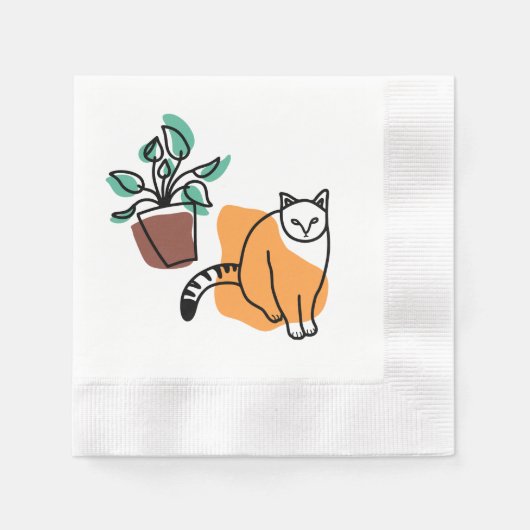 猫と植物 縁ありカクテルナプキン (正面)