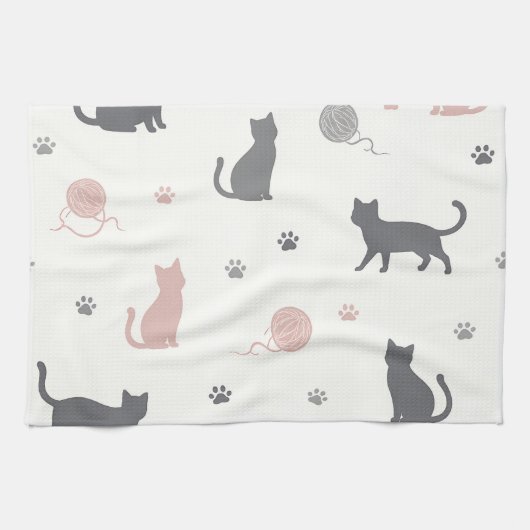 猫と毛糸のシルエット柄 キッチンタオル (横)