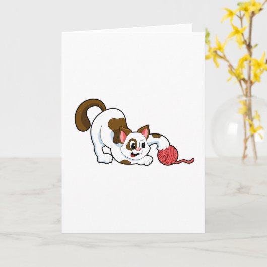 猫と毛糸の玉 カード (黄色い花)