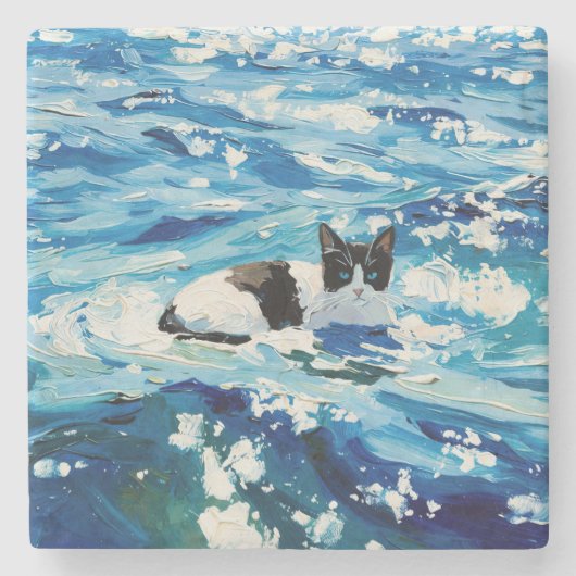 猫と海 (#5) ストーンコースター (正面)
