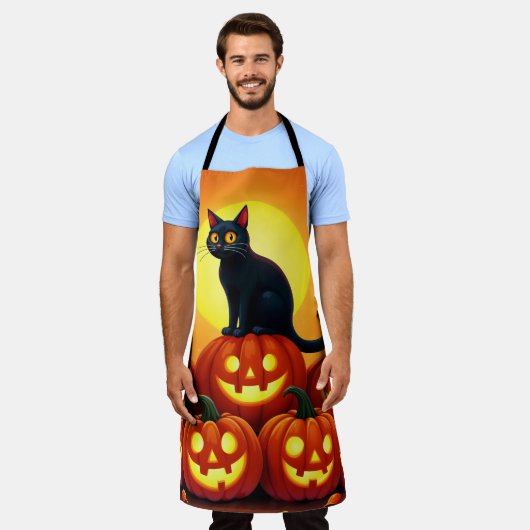 猫と満月とホリデーハロウィーンアート エプロン (着用した状態)