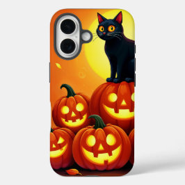 猫と満月とホリデーハロウィーンアート iPhone 16ケース