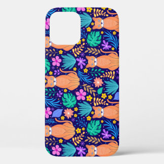猫と熱帯の花：ダークパターン iPhone 12ケース