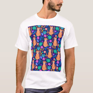 猫と熱帯の花:ダークパターン Tシャツ