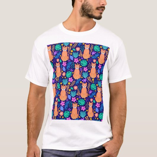 猫と熱帯の花：ダークパターン Tシャツ (正面)