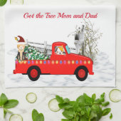 猫と犬がクリスマスツリーを取ってきた キッチンタオル (折り畳み)