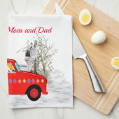 猫と犬がクリスマスツリーを取ってきた キッチンタオル (四つ折り)