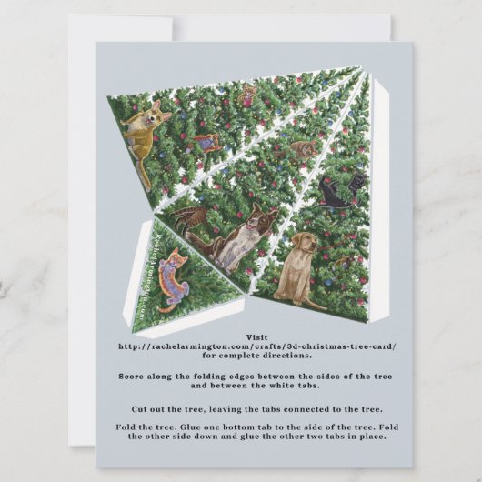 猫と犬が登場する3Dクリスマスツリーポップ・アートのカード (正面)