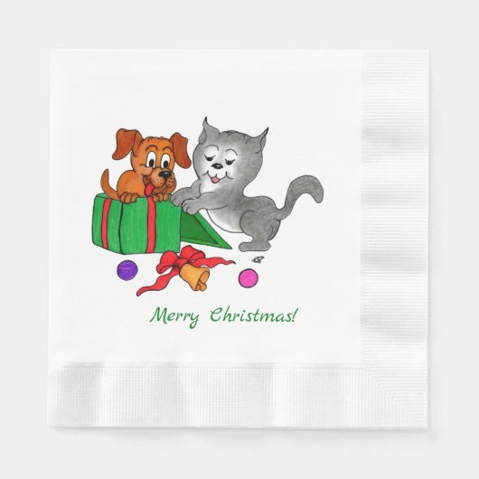 猫と犬でクリスマスを楽しむ 縁ありランチョンナプキン (正面)