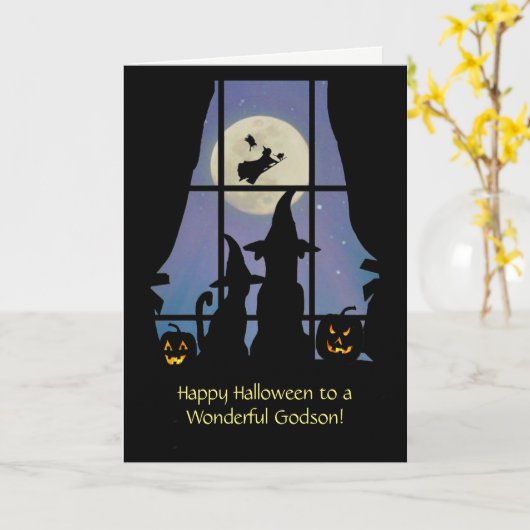 猫と犬のかわいいゴッドソンすごいハロウィン カード (黄色い花)