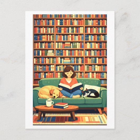 猫と犬のイラストと共に読書する女性 ポストカード (正面)