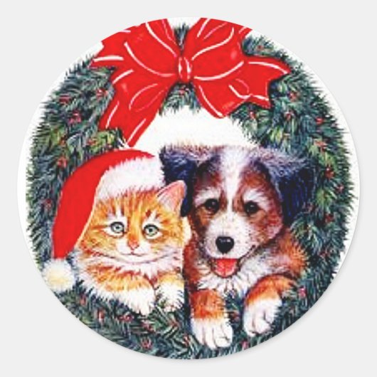 猫と犬のクリスマスステッカー ラウンドシール (正面)