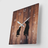 猫と犬のシルエットは素朴な木をペット スクエア壁時計 (傾斜)