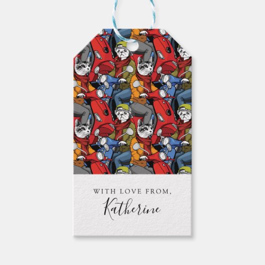 猫と犬のスクーター柄 |名前の追加 ギフトタグ (正面)