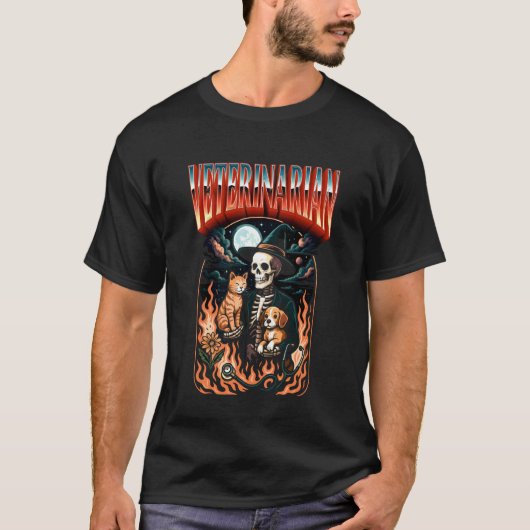 猫と犬のハロウィンにいる怖い獣医のスケルトン Tシャツ (正面)