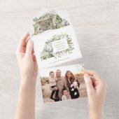 猫と犬の冬の暖炉の写真クリスマスカード オールインワン招待状 (貼ってはがせる)