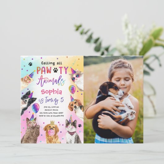 猫と犬の子猫の子犬のパーティーパティー誕生日 招待状 (スタンド正面)