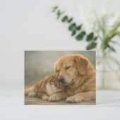 猫と犬の寄り添う姿の獣医予約リマインダー ポストカード (スタンド正面)