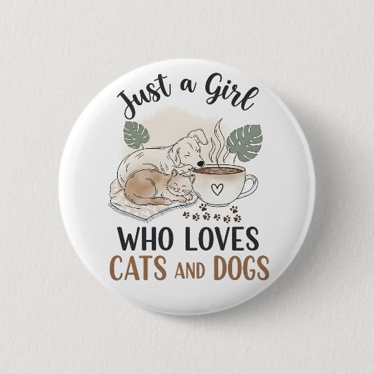 猫と犬を愛する女の子ママ 楽しいデザイン 缶バッジ (正面)