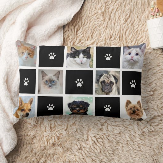 猫と犬カスタムの写真と黒のポーパターン ランバークッション (ブランケット)