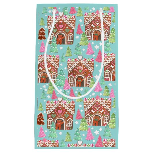 猫と犬ジンジャーブレッドハウス抱き枕 スモールペーパーバッグ (正面)